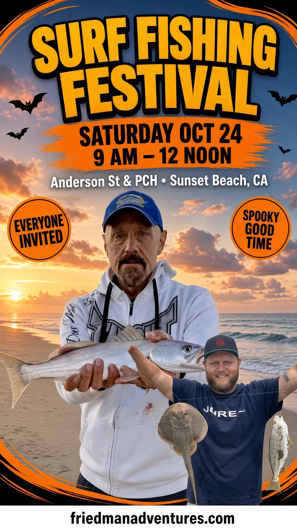 Friedman Adventures Surf Fishing Festival — Saturday, Oct. 24, Sunset Beach. Free. Families Welcome. Spooky Good Time.